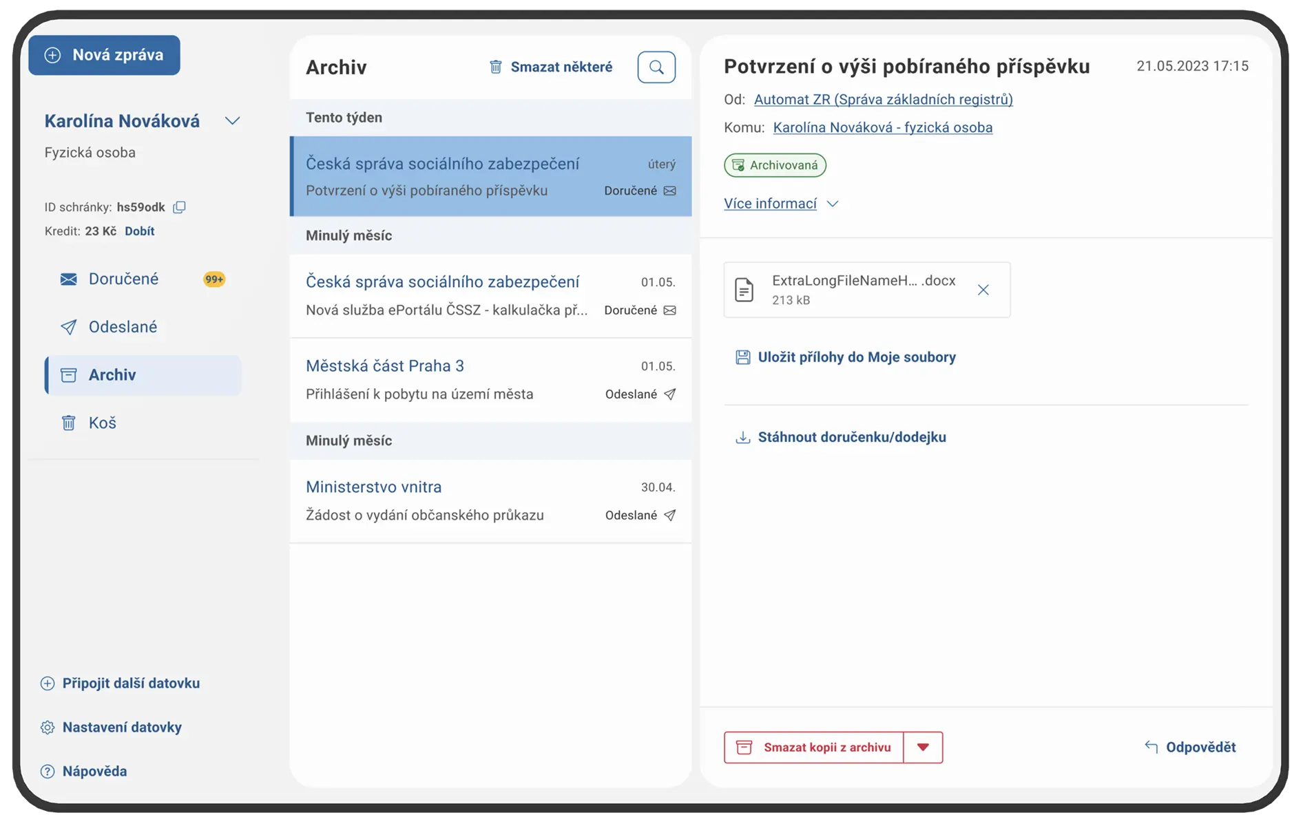 Prohlížeč s otevřenou stránkou archivu datových schránek v Portálu občana. Archiv ve druhém sloupci zobrazuje archivované zprávy. Ve třetím sloupci je jedna z archivovaných zpráv otevřená.